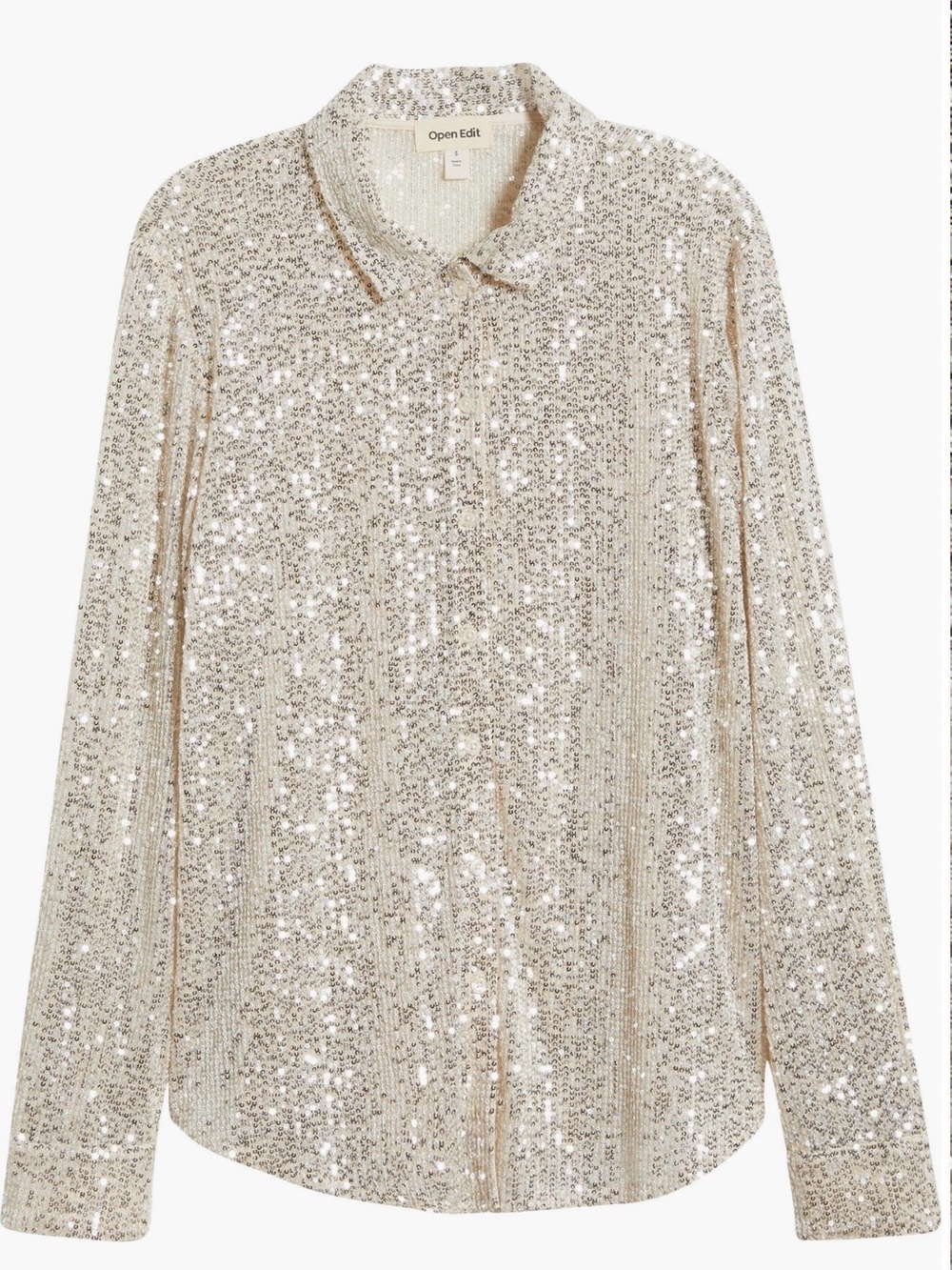 OPEN EDIT Sequined Silver Button-Front Shirt